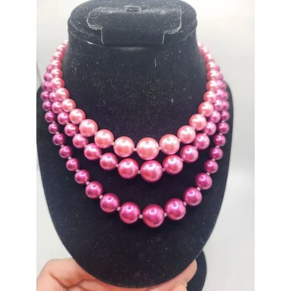 Vintage 50s Ombre Metallic Pink Graduated Beaded Necklace Signed JAPAN 17.5in - Picture 3 of 4